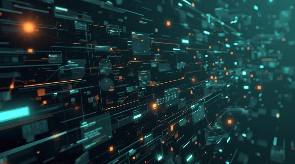 A futuristic digital interface scene with glowing teal and orange data streams, panels, and floating rectangular screens on a dark background.