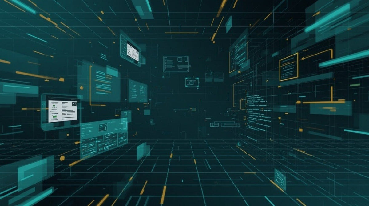 A futuristic digital corridor with floating holographic interface panels, glowing teal and yellow lines, and a dark grid floor in a cyberpunk technology theme.
