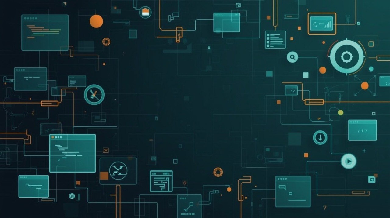 Abstract digital background with glowing teal and orange interface panels, icons, and circuit-like lines on a dark teal backdrop.