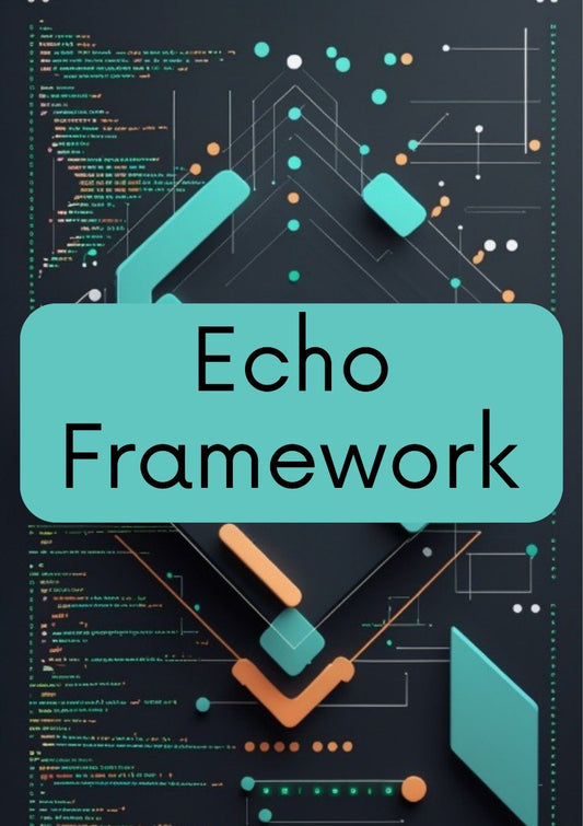 A digital graphic featuring the text 'Echo Framework' in black font inside a large teal rounded rectangle, set against a dark abstract background with geometric shapes, code snippets, and teal, orange, and white accents.