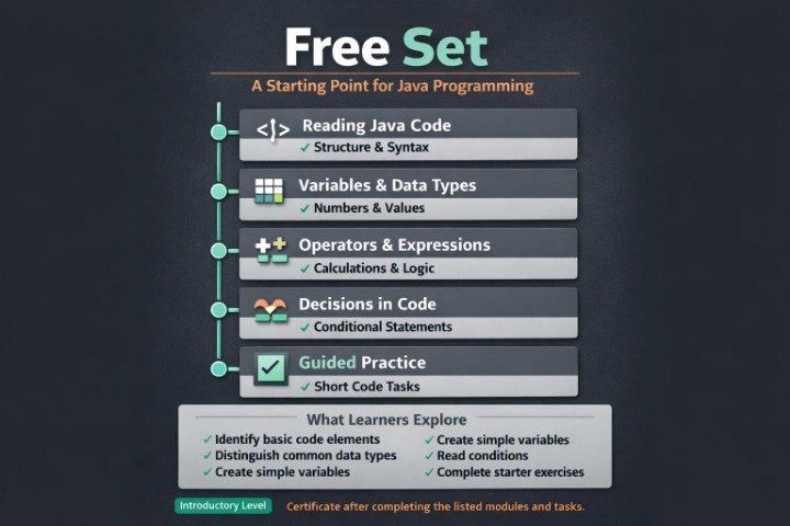 An infographic-style diagram titled 'Free Set' showing a Java programming curriculum with modules such as reading Java code, variables & data types, operators & expressions, decisions in code, and guided practice, plus a learner exploration section on a dark background.