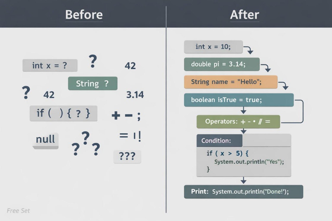 A before-and-after code flowchart comparison on a light gray background. The left side labeled 'Before' shows scattered Java code snippets and question marks with a dark gray header.