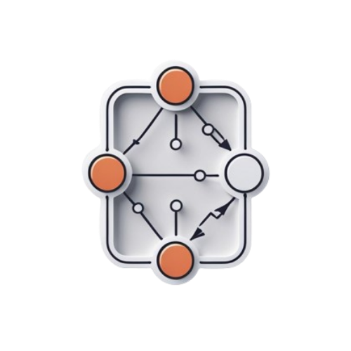 A minimalist vector-style icon depicting a network or workflow diagram with orange circular nodes, dark gray lines, and arrows on a white background.