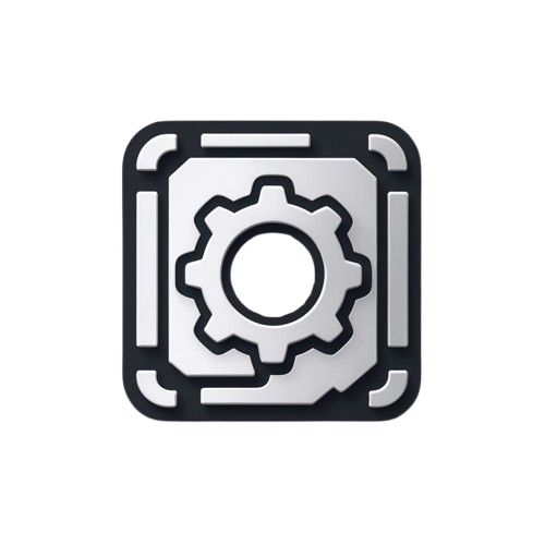 A stylized metallic silver gear icon centered inside a dark gray square frame, shown on a plain white background.