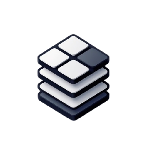 A stylized isometric icon of stacked square tiles or cards in white, light gray, and dark navy blue on a solid black background.