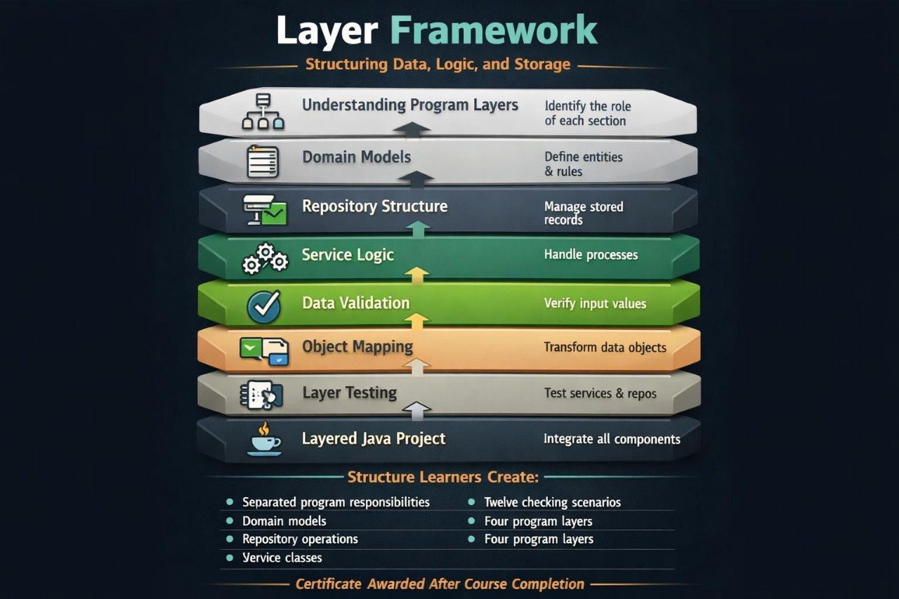 An infographic titled 'Layer Framework' on a dark background, showing a vertical stack of colored layers with labels such as Understanding Program Layers, Domain Models, Repository Structure, Service Logic, Data Validation, Object Mapping, Layer Testing, and Layered Java Project. Text below explains what structure learners create.