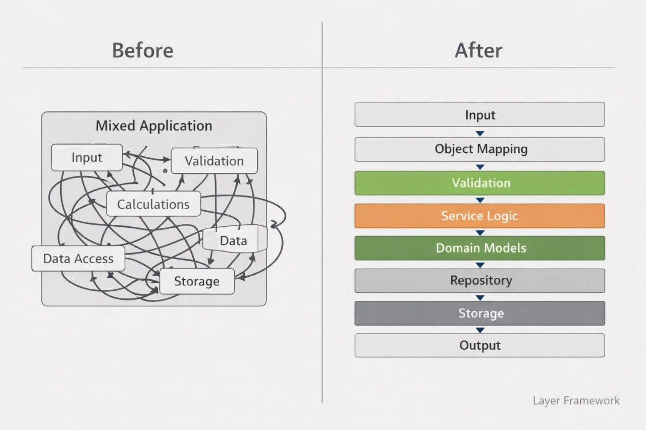 A comparison diagram labeled 'Before' and 'After' on a light gray background. The left 'Before' panel shows a tangled workflow box with labeled nodes such as Input, Validation, Calculations, Data, and Storage.