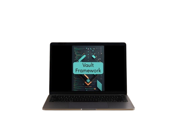 A dark gray laptop with its screen open, displaying a digital cover for 'Vault Framework' against a solid white background.