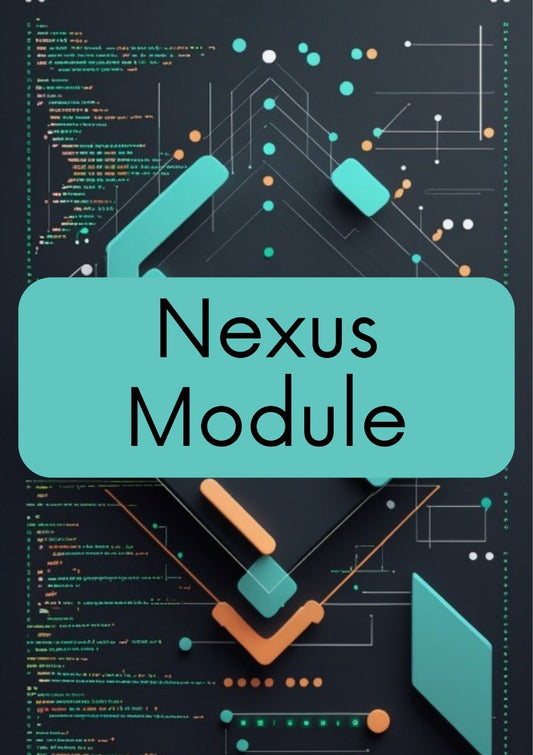 A digital graphic with the text 'Nexus Module' in black on a large teal rounded rectangle, overlaid on an abstract tech-style background with teal, orange, white, and gray geometric shapes and code-like lines on a dark gray field.