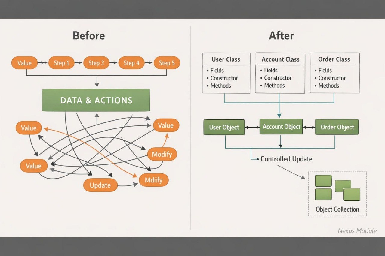 A comparison diagram labeled 'Before' and 'After' showing object-oriented programming concepts. The left 'Before' side has tangled orange and green arrows around labeled circles for 'Value' and 'Modify' leading to a green box for 'DATA & ACTIONS'.