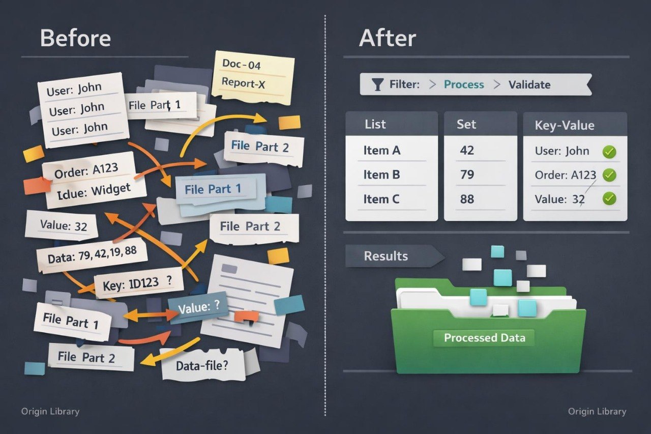 A dark infographic comparing a messy 'Before' state with an organized 'After' state. The left side shows tangled document labels, arrows, and data notes labeled File Part 1, File Part 2, and various metadata fields.