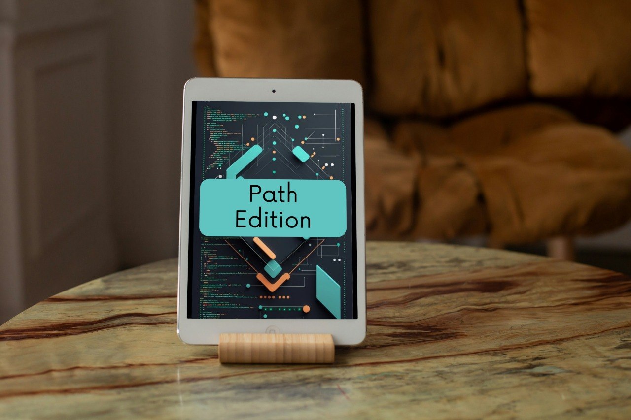A white tablet device standing on a small wooden stand on a marble table, displaying a book cover titled 'Origin Library' against a blurred indoor background with a brown leather chair.