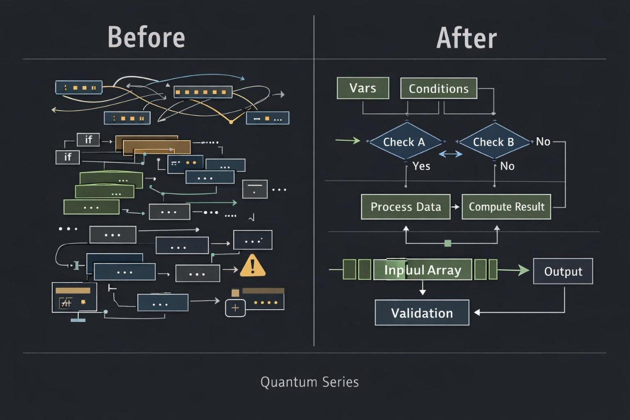A dark infographic comparing a chaotic 'Before' state with an organized 'After' workflow labeled 'Quantum Series.' The left side shows tangled diagram-like blocks and arrows; the right side shows clearer steps including 'Vars,' 'Conditions,' 'Process Data,' 'Compute Result,' 'Input Array,' and 'Output.
