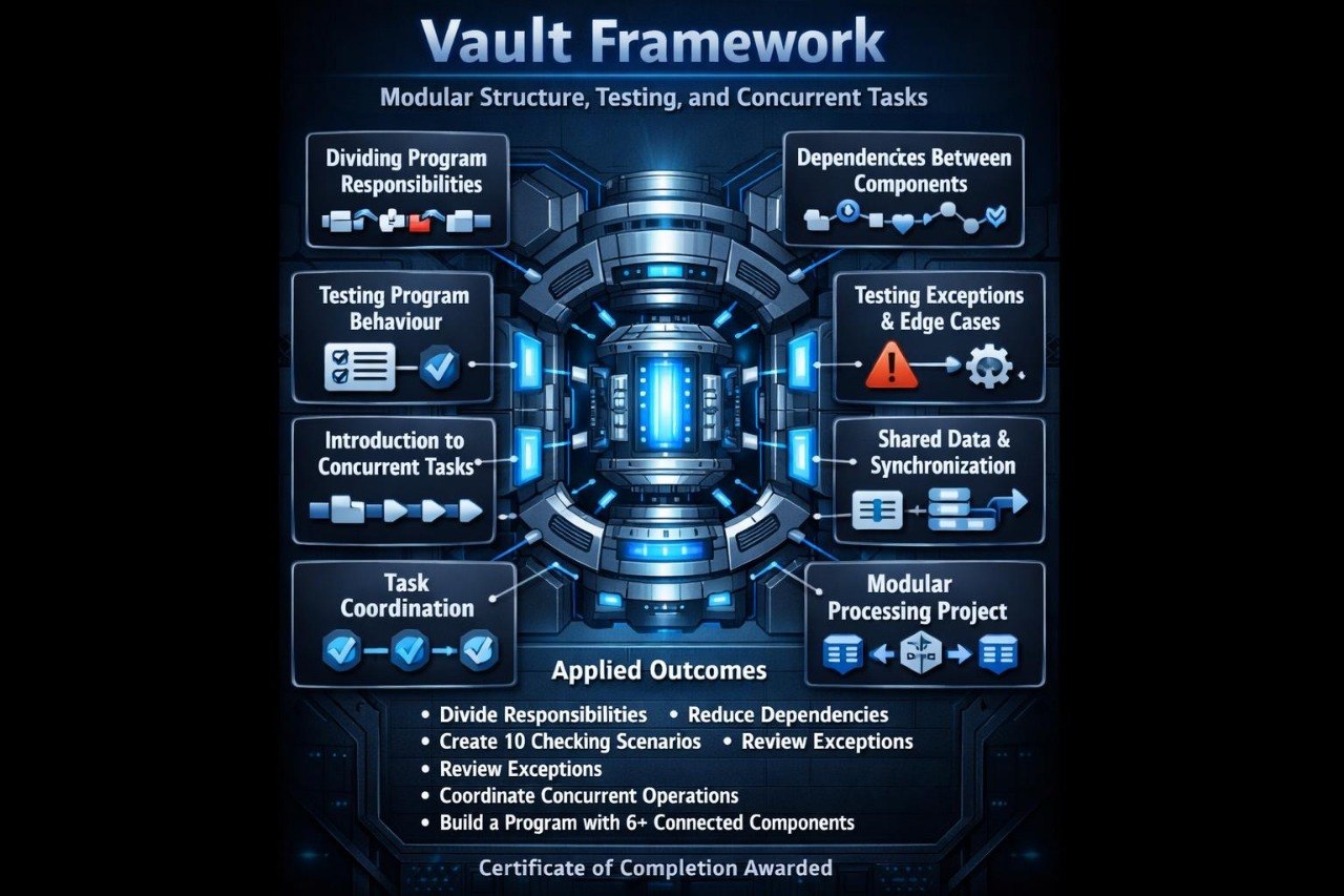 A digital infographic titled 'Vault Framework' on a dark blue background, showing a futuristic circular interface with labeled boxes about modular structure, testing, concurrent tasks, shared data, and applied outcomes.