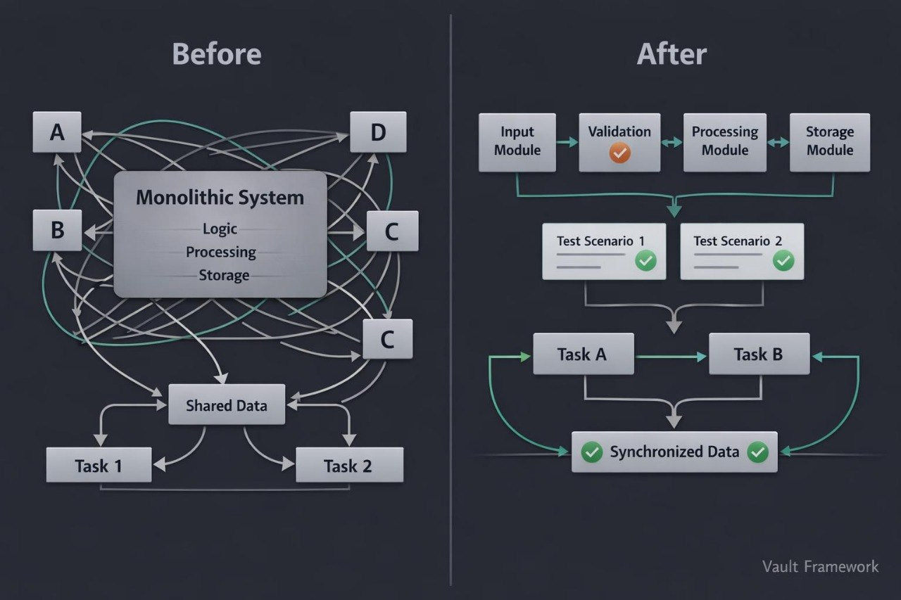 A dark infographic comparing a monolithic system before and after modular refactoring. The left 'Before' panel shows tangled arrows and boxes for logic, processing, storage, and shared data between tasks.
